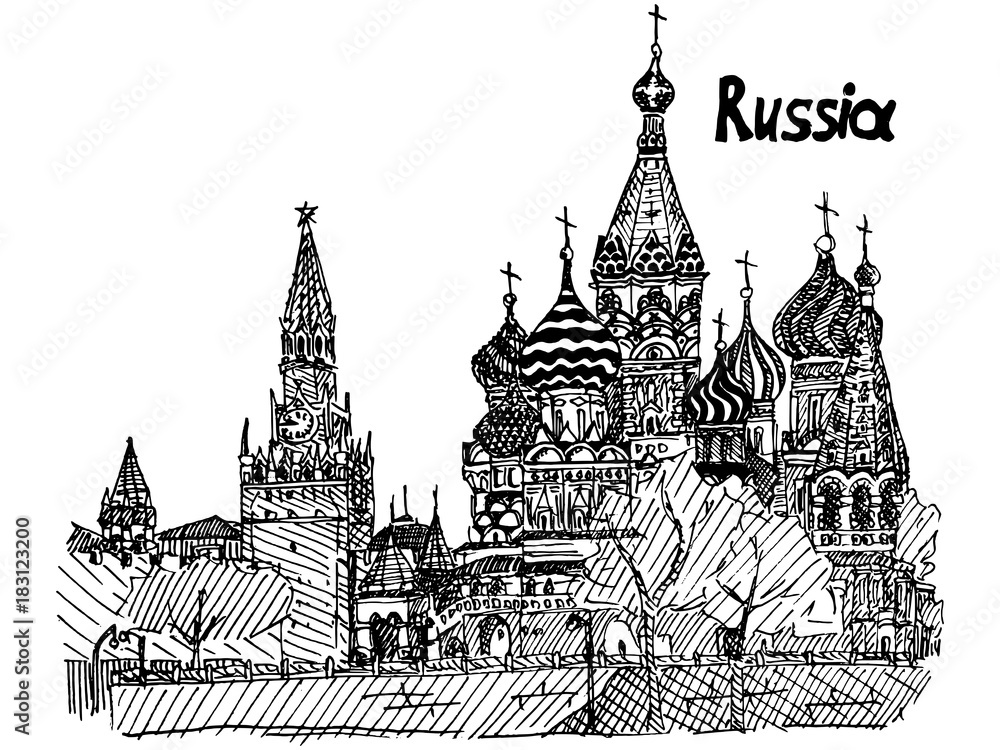 Black and white sketch red square moscow temple