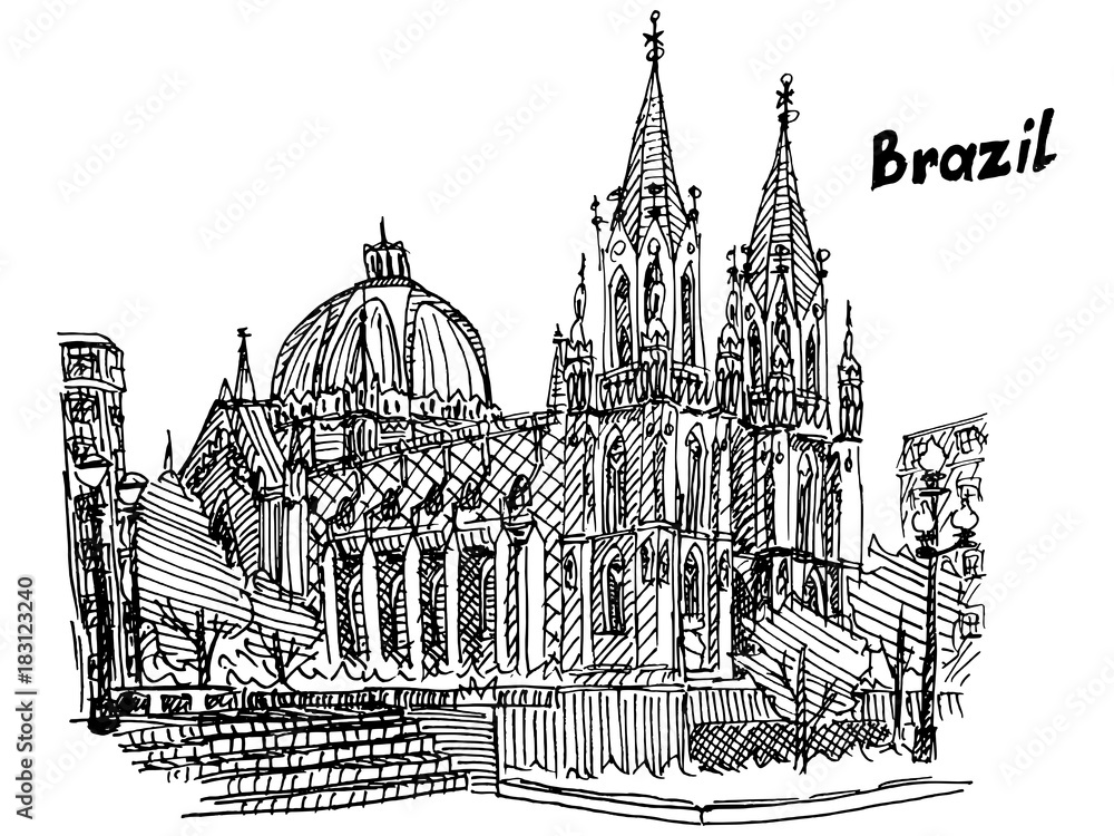 Brazil Cathedral San Paulo sketch handmade postcard