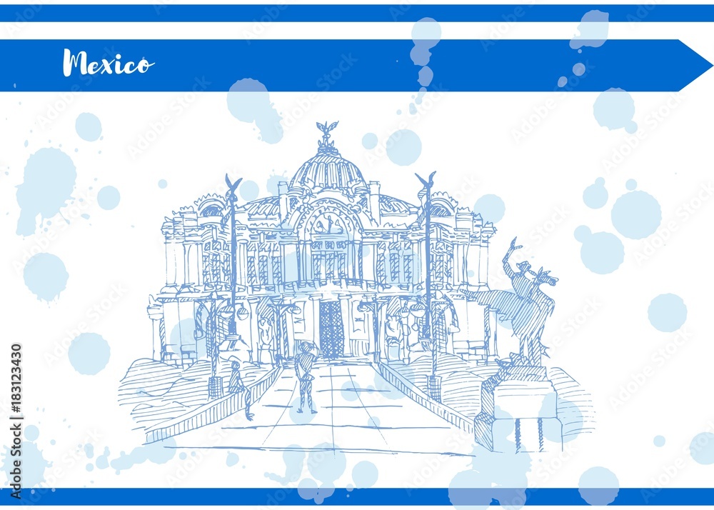 Blue Mexican Palace of Fine Arts sketch handmade Blue Mexican Palace of Fine Arts sketch handmade