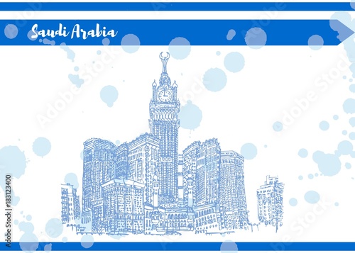Blue Saudi Arabia sketch postcard high skyscraper