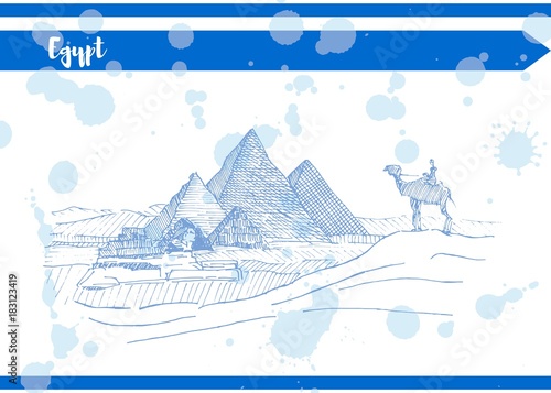 Blue Egyptian sketch pen pyramid sphinx and camel with rider