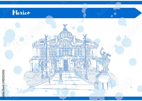 Blue Mexican Palace of Fine Arts sketch handmade