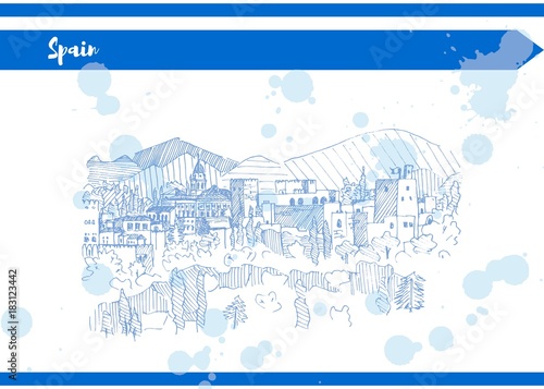 Blue spain castle on the mountain sketch liner vector
