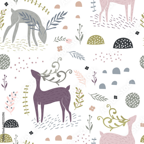 Seamless pattern with deers, floral elements, branches. Creative woodland background. Perfect for kids apparel,fabric, textile, nursery decoration,wrapping paper.Vector Illustration