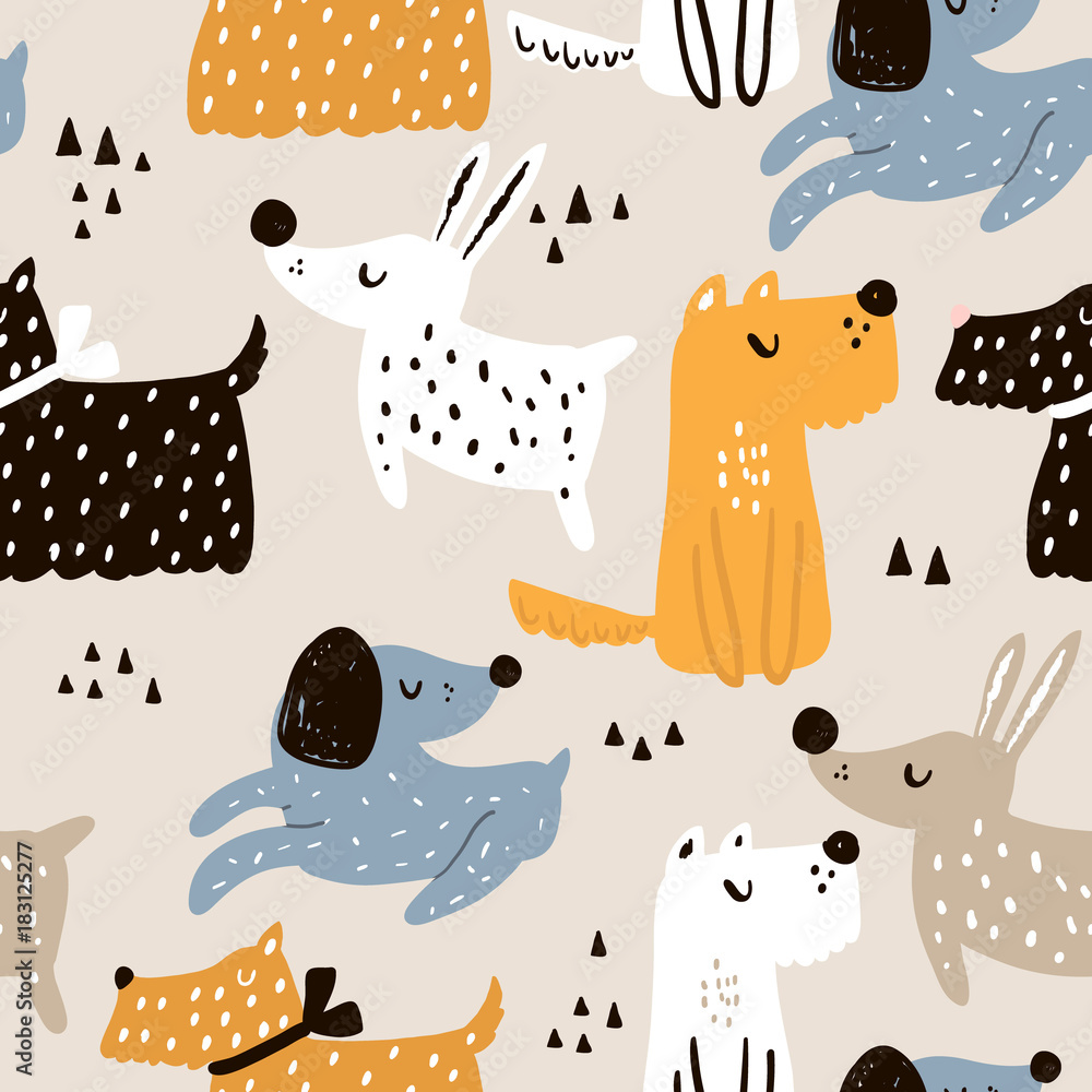 Childish seamless pattern with hand drawn dogs. Trendy scandinavian vector background. Perfect for kids apparel,fabric, textile, nursery decoration,wrapping paper