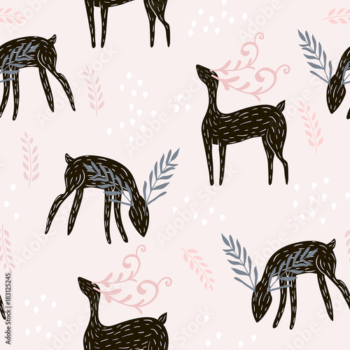 Seamless pattern with deers, floral elements, branches. Creative woodland background. Perfect for kids apparel,fabric, textile, nursery decoration,wrapping paper.Vector Illustration