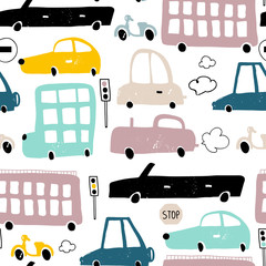 Acrylglasbilder Automuster Cartoon Autos Zebrastreifen Muster Kinderzimmer  © solodkayamari