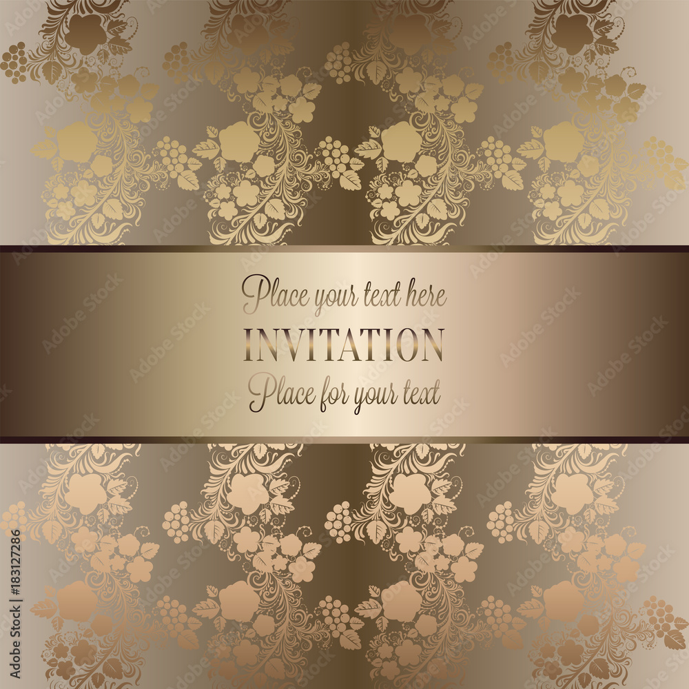 Vintage baroque Wedding Invitation template with butterfly background. Traditional decoration for wedding. Vector illustration in beige and gold