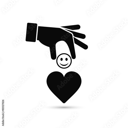 Hand put emoticon smile in heart, giving a good mood concept illustration. Vector