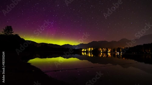 Aurora Borealis (northern lights) night sky at Alta Lake, Whistler, BC, Canada