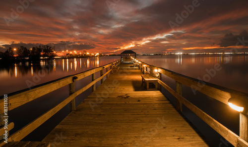 boardwalk at colorful sunset