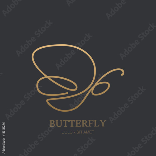 Vector one line logo icon or emblem with golden butterfly. Abstract modern design template. Concept for luxury jewelry and accessories store, beauty spa salon or cosmetics shop.