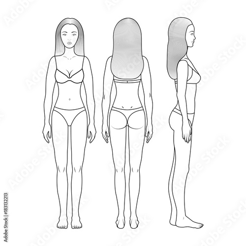 Image of a young girl in full growth in front, behind, side. Girl in underwear. Girl with straight hair of medium length. Shapely thin girl. Sketch for design, for coloring. Vector eps10.