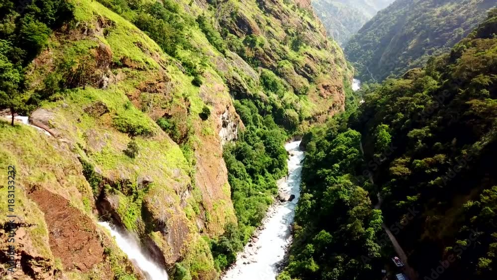 Waterfall in Himalayas range Nepal from Air view from drone Waterfall in Himalayas range Nepal from Air view from drone