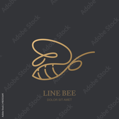 Vector one line logo icon or emblem with golden honeybee. Abstract modern design template. Outline bee illustration. Concept for honey package design, luxury jewelry