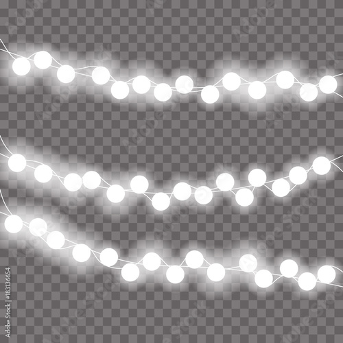 Image with Christmas lights isolated on transparent background. Vector illustration of glowing lights for Xmas holiday. Set of Christmas decorations. Realistic design elements. For greeting card.