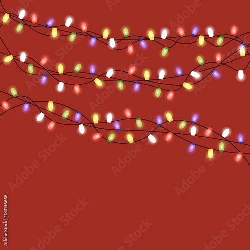 Image with Christmas lights isolated on transparent background. Vector illustration of glowing lights for Xmas holiday. Set of Christmas decorations. Set of color garlands. Realistic design elements.