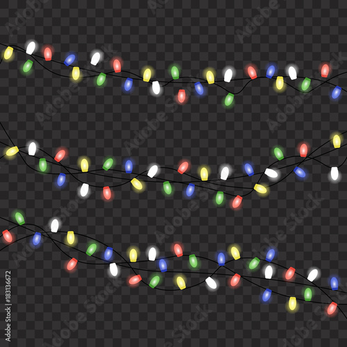 Image with Christmas lights isolated on transparent background. Vector illustration of glowing lights for Xmas holiday. Set of Christmas decorations. Set of color garlands. Realistic design elements.