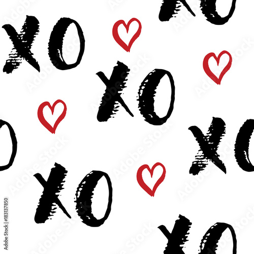 XOXO brush lettering signs seamless pattern, Grunge calligraphiv c hugs and kisses Phrase, Internet slang abbreviation XOXO symbols, vector illustration isolated on white background