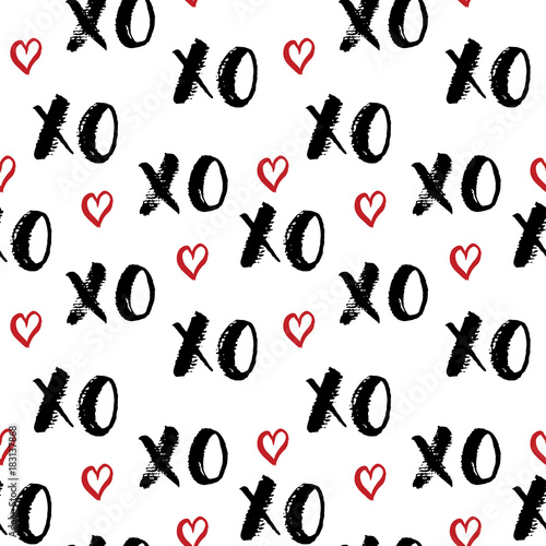 XOXO brush lettering signs seamless pattern, Grunge calligraphiv c hugs and kisses Phrase, Internet slang abbreviation XOXO symbols, vector illustration isolated on white background