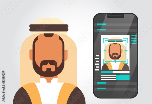 Smart Phone Security System Scanning Muslim Man User Biometric Identification Concept Face Recognition Technology Vector Illustration