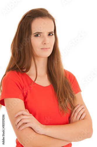 Portrait of an angry young woman isolated over white background