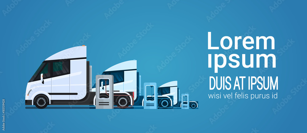 Set Of White Modern Semi Truck Trailer Charging At Electic Charger Station Vector Illustration