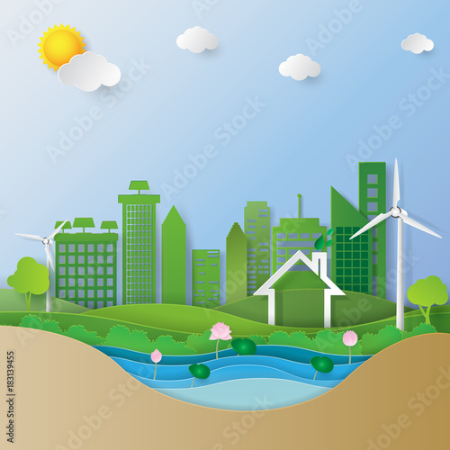 Green city paper art style.Concept of nature and ecological environment conservation design.Vector illustration.
