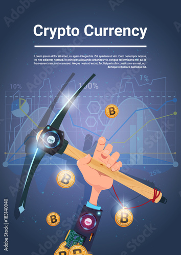 Crypto Currency Concept Hand Holding Pickaxe Internet Digital Money Bitcoin Mining Vector Illustration