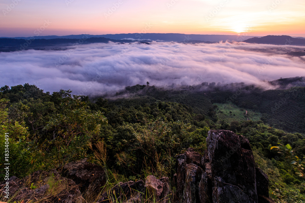 Phu Pha Dak, Landscape sea of mist on Mekong river in border  of  Thailand and Laos, Nongkhai province Thailand.