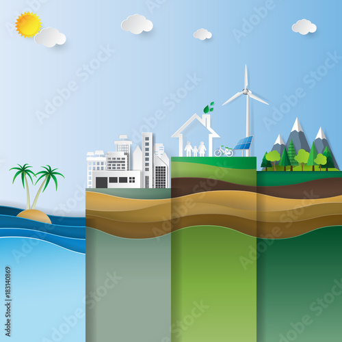 Ecology infographics with nature landscape.Environment conservation concept design.Vector illustration.