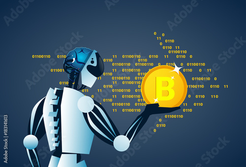 Robot Holding Bitcoin Crypto Currency Banner Digital Web Money Concept Vector Illustration