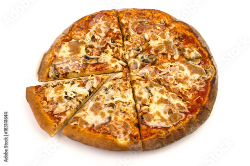 Pizza with ham, cheese and mushrooms on a white background