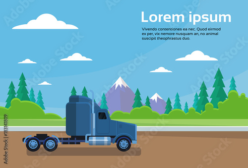 Truck Trailer Cabin On Road Over Mountains Landscape Banner With Copy Space Vector Illustration