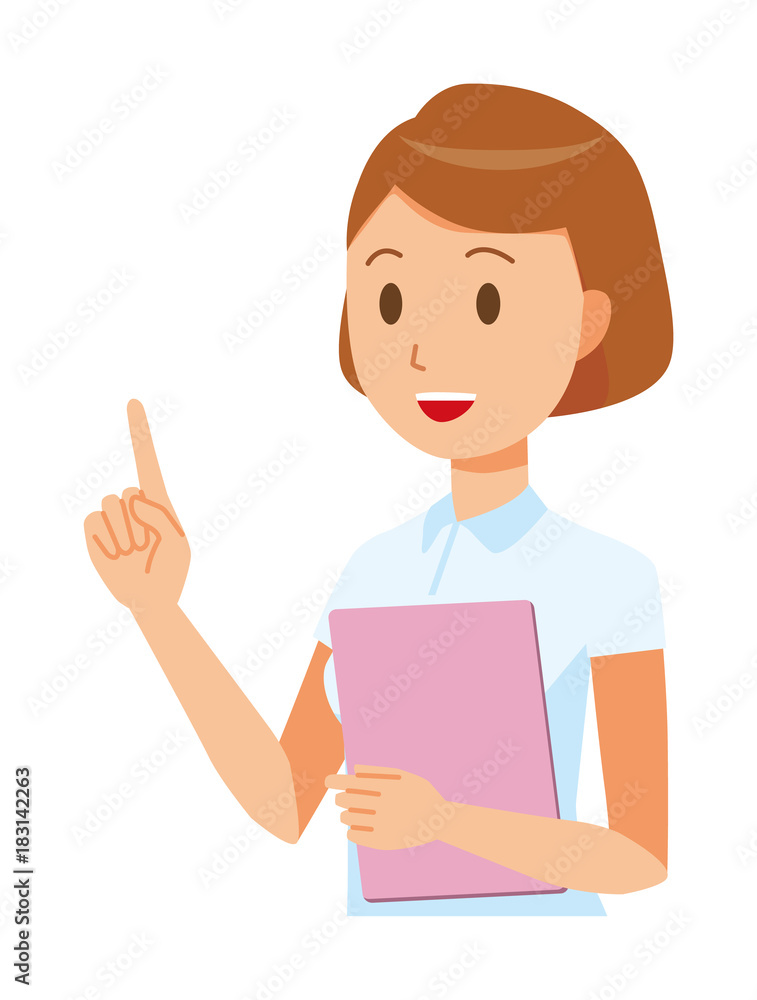 A female nurse wearing a white uniform is pointing with a file A female nurse wearing a white uniform is pointing with a file