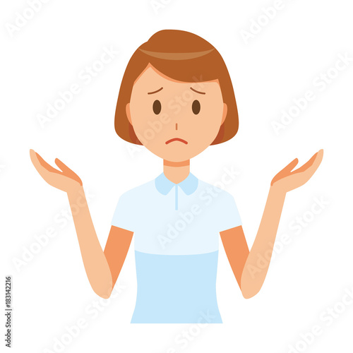 A female nurse wearing a white uniform is shrugging her shoulders
