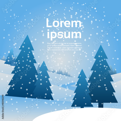 Christmas Landscape Snow Falling On Pine Trees Winter Banner With Copy Space Flat Vector Illustration © mast3r
