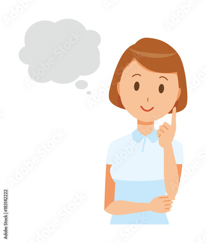 A female nurse wearing a white uniform thinks