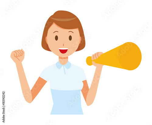 A female nurse wearing a white uniform has a megaphone