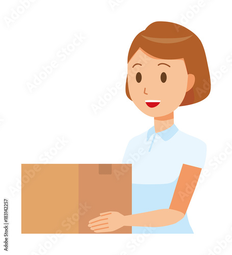 A female nurse wearing a white uniform has a cardboard box