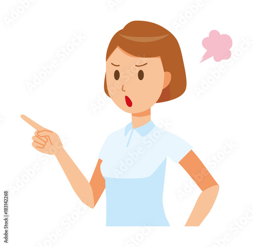 A female nurse wearing a white uniform is angrily pointing to a finger