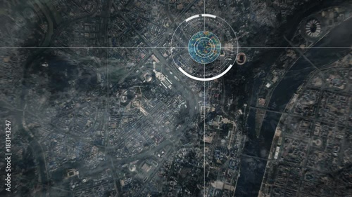 Surveillance drone camera scanning North Korea, POV of drone or satellite with HUD and heat camera monitoring Pyongyang

