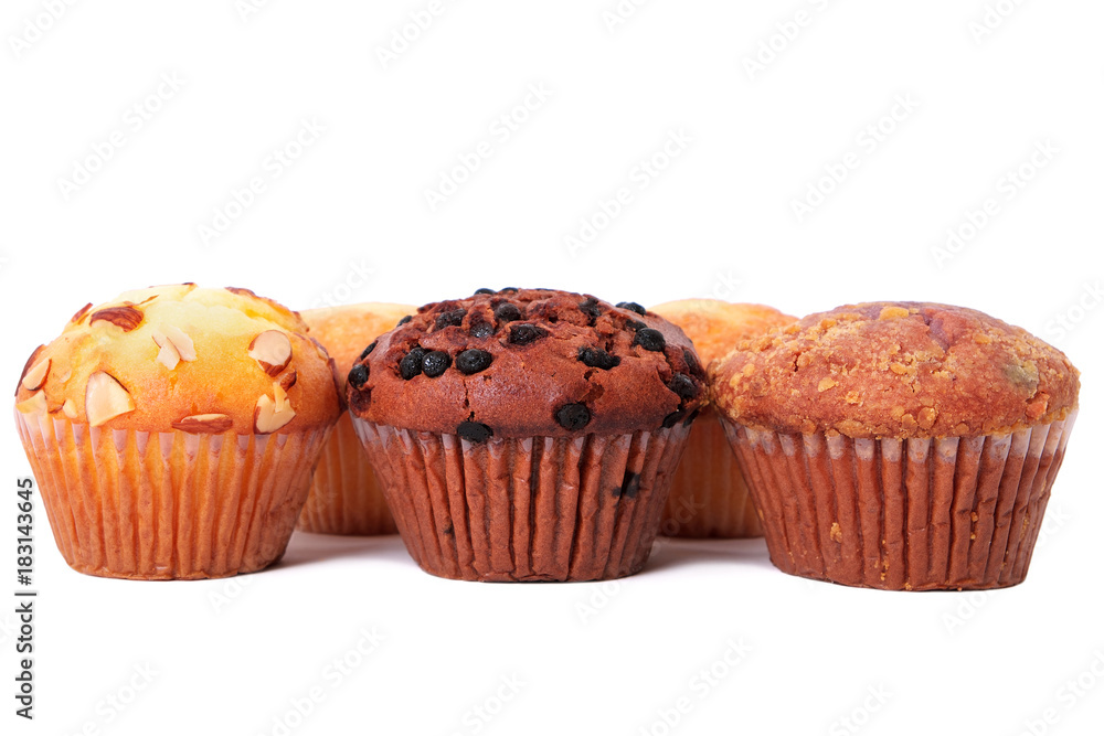 Muffin chocolate chip cup cake or cupcake various flavor several lots many ina row line isolated on white background photo Muffin chocolate chip cup cake or cupcake various flavor several lots many ina row line isolated on white background photo