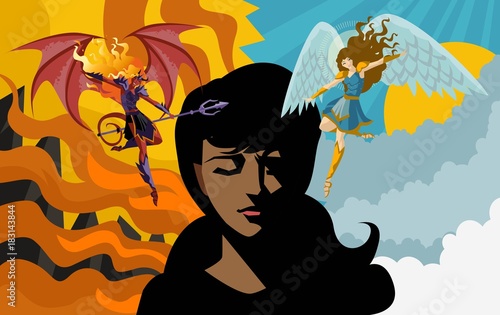 african woman with angel and demon in his shoulders