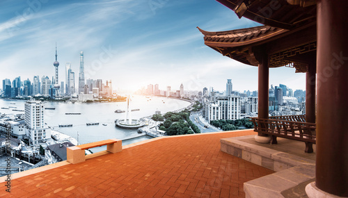Photography empty brick floor and cityscape of shanghai in blue sky