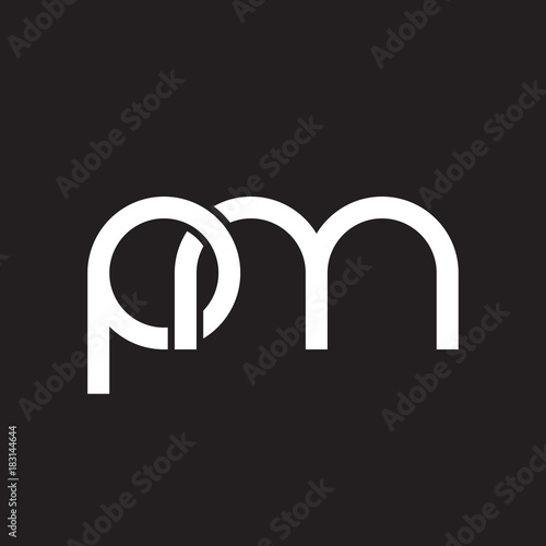 Initial lowercase letter pm, overlapping circle interlock logo, white color on black background