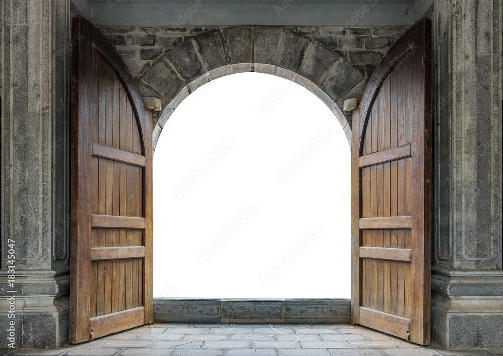 Large wooden door open in castle wall - obrazy, fototapety, plakaty 