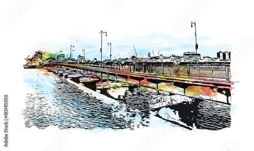 Watercolor splash with sketch illustration of Massachusetts Avenue, known to locals as Mass Ave, is a major thoroughfare in Boston, USA in vector.