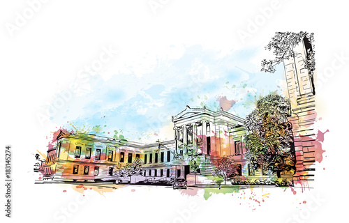 Watercolor splash with sketch illustration, Boston Museum of Fine Art facade. The Museum of Fine Arts is the fourth largest museum in the United States in vector.