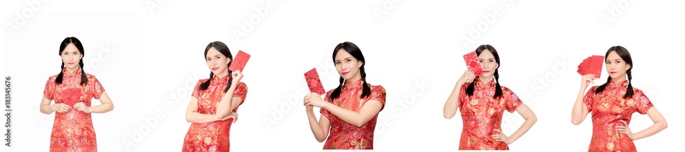 Asian lady in red cheongsam suit holding red envelope or Ang-pow .Isolated on white background Asian lady in red cheongsam suit holding red envelope or Ang-pow .Isolated on white background